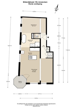 Plattegrond - Bilderdijkkade 139, 1053 VM Amsterdam - 2D Vierde verdieping.jpg